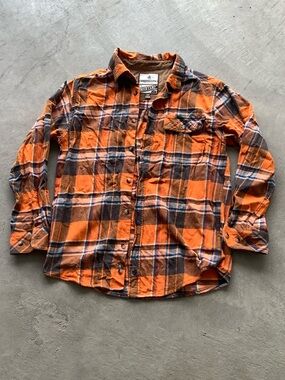 Legendary whitetails men’s button up shirt orange and gray plaid
